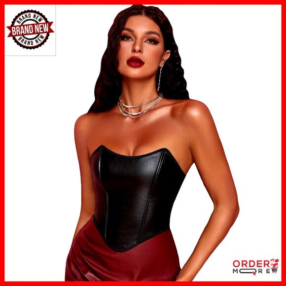 Tops - PU Leather Overbust Corset Strapless Lace Up Bustier Body Shaper Slim Fit